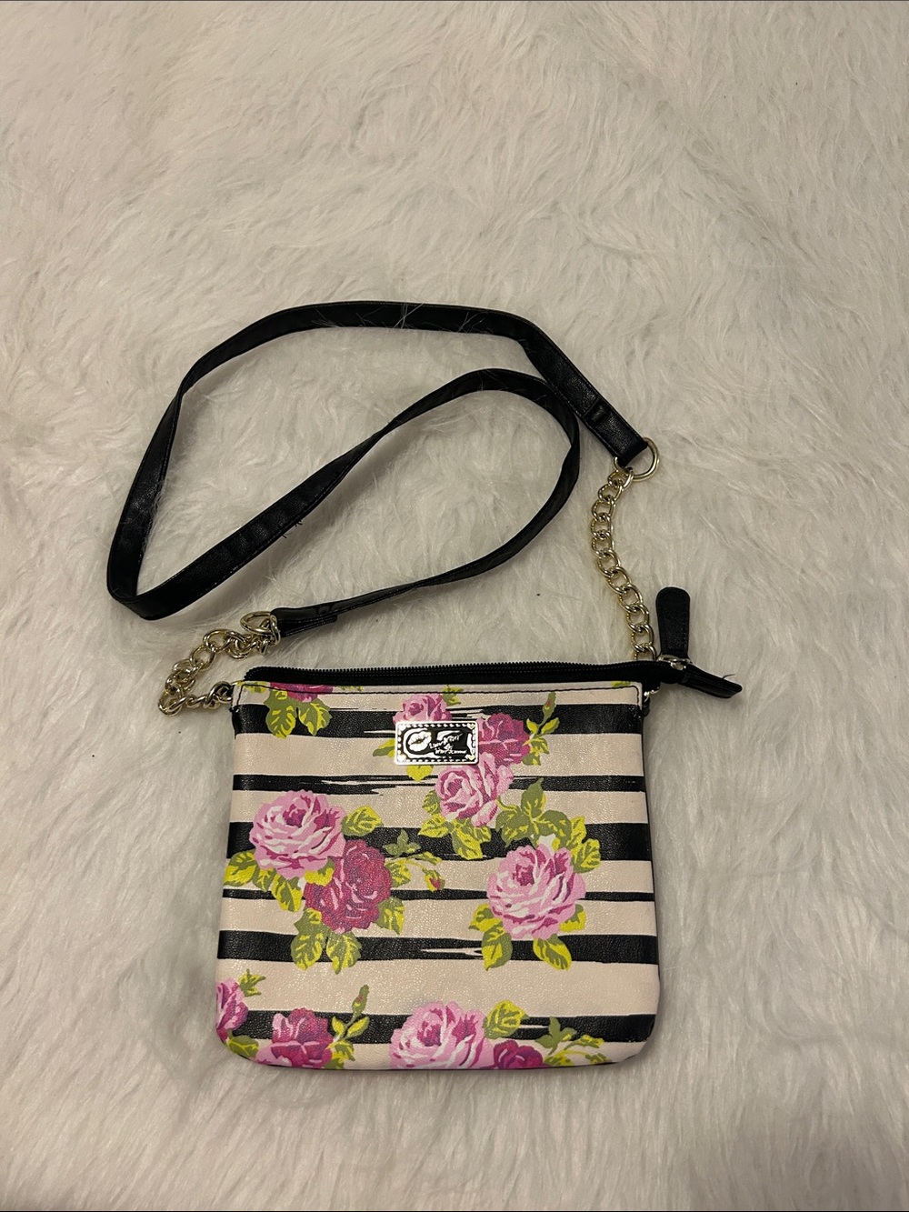 Betsey Johnson Pink Floral Stripe Crossbody with Black Strap and Gold Chain